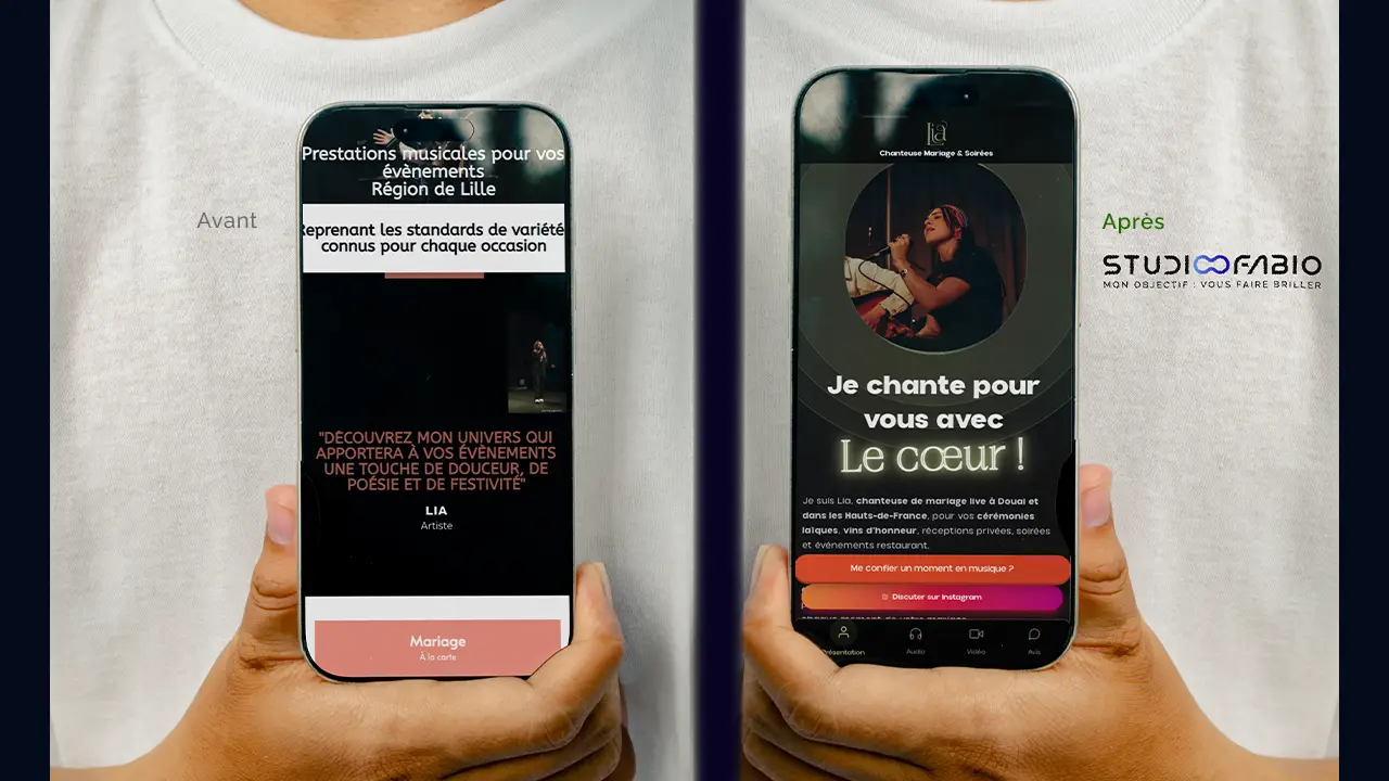 Refonte mobile avant/après pour une chanteuse de mariage